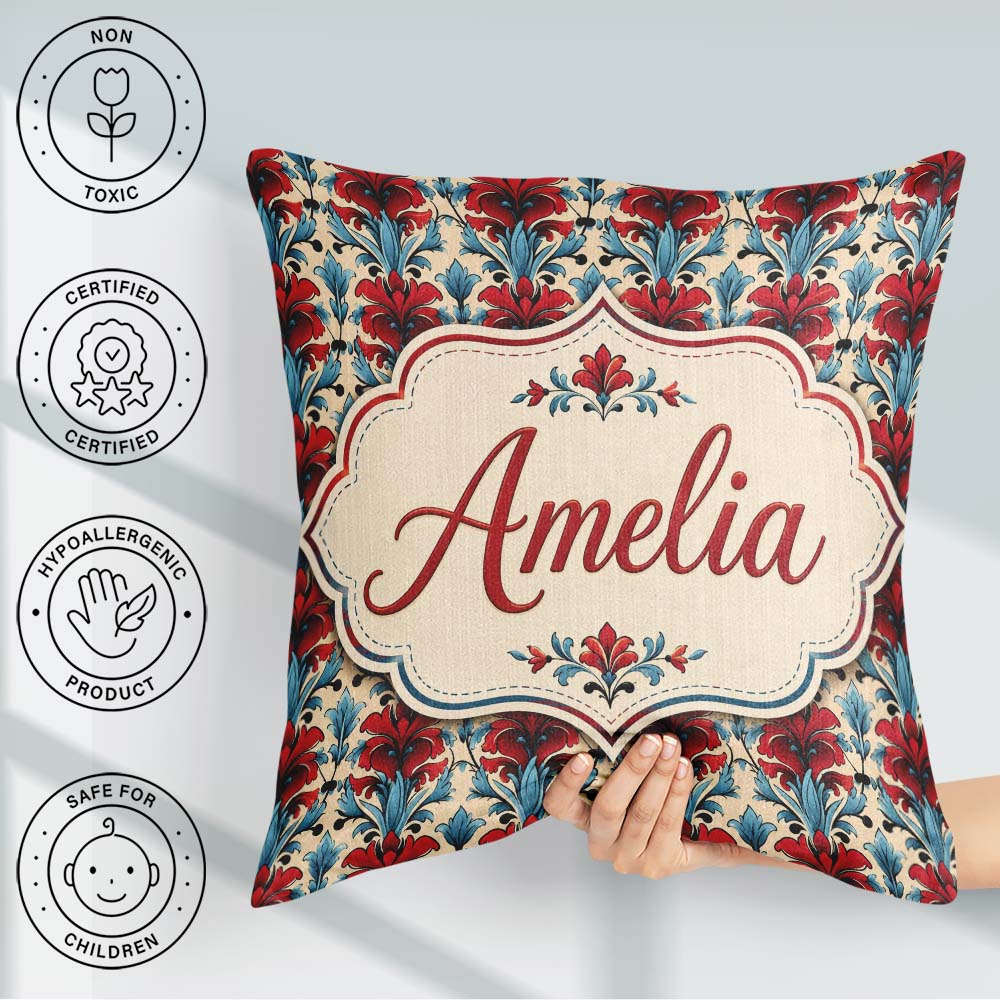 Custom Name Rich Red Lily Floral Garden Seamless Pattern Cute Square Filled Cushion Throw Pillow Sofa Bed Home Decor Zip Washable UK Made
