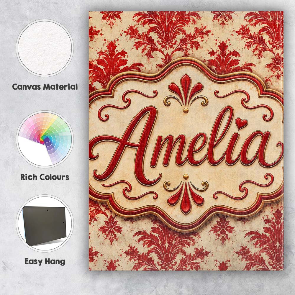 Personalised Name Classic Red Blue Damask Custom Unique Gift Idea Elegant Feature Canvas Wall Art Print Decor Picture Ready to Hang