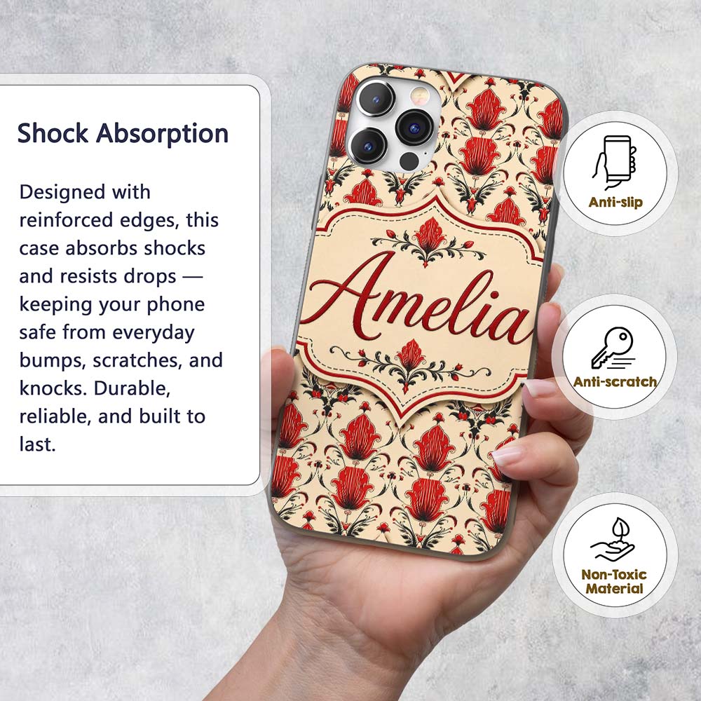 Distressed Red Damask Vintage Texture Seamless Custom Name Protective Phone Case Mobile Cover Durable Everyday Smartphone Shock Resistant