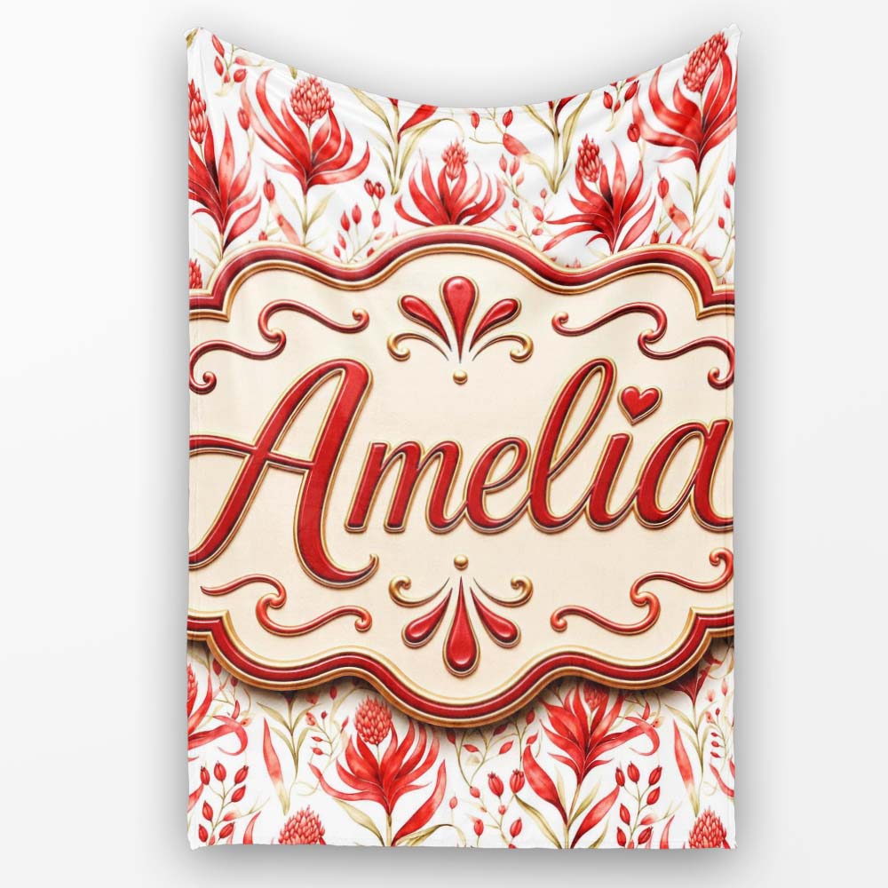 Elegant Red Black Floral Scroll Seamless Pattern Cute Unique Gift Personalised Custom Name Super Soft Fleece Blanket Bed Sofa Throw