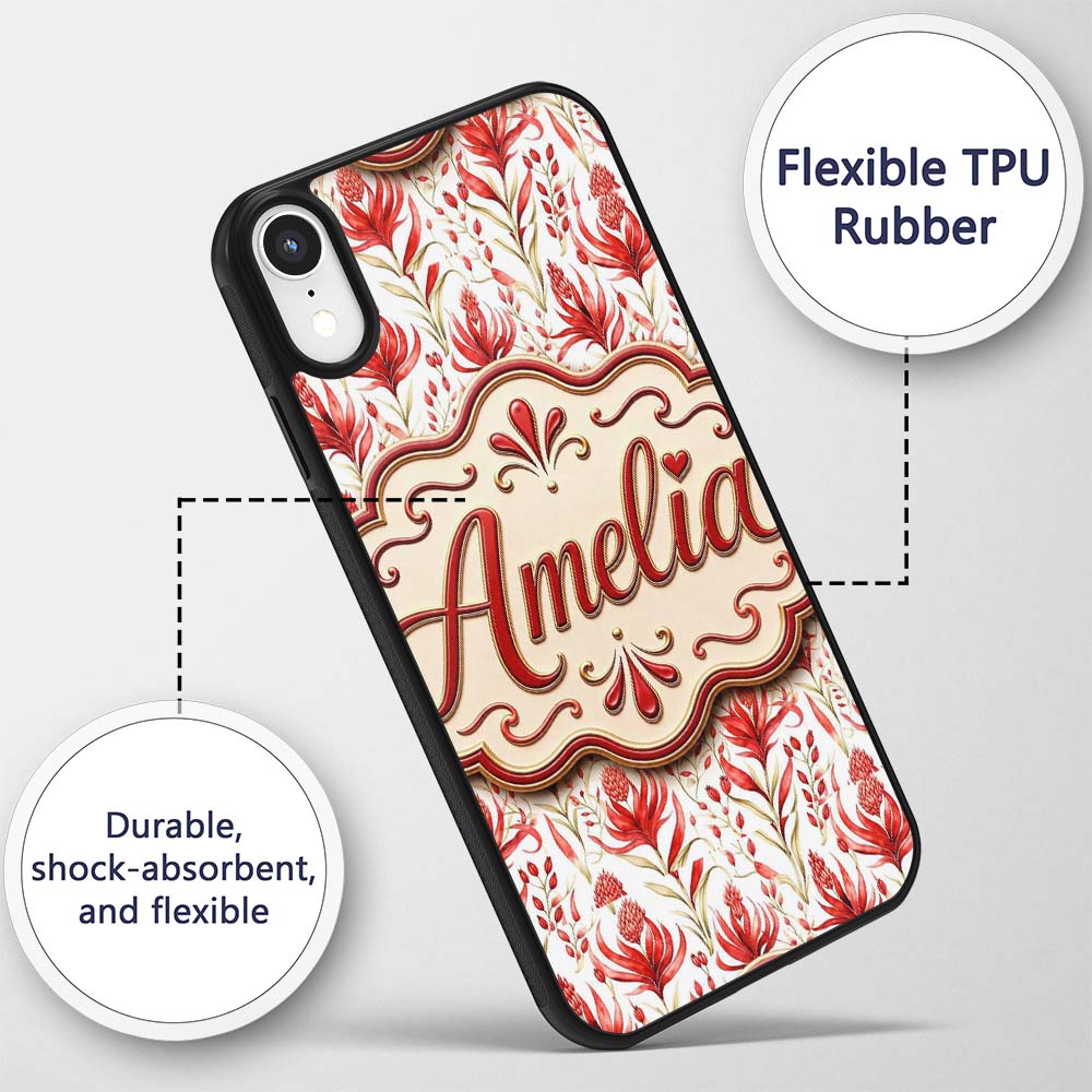 Elegant Red Black Floral Scroll Seamless Pattern Custom Name Protective Phone Case Mobile Cover Durable Everyday Smartphone Shock Resistant