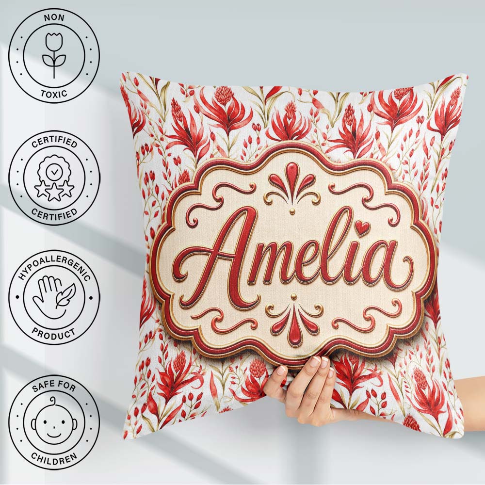 Custom Name Elegant Red Black Floral Scroll Seamless Pattern Square Filled Cushion Throw Pillow Sofa Bed Home Decor Zip Washable UK Made
