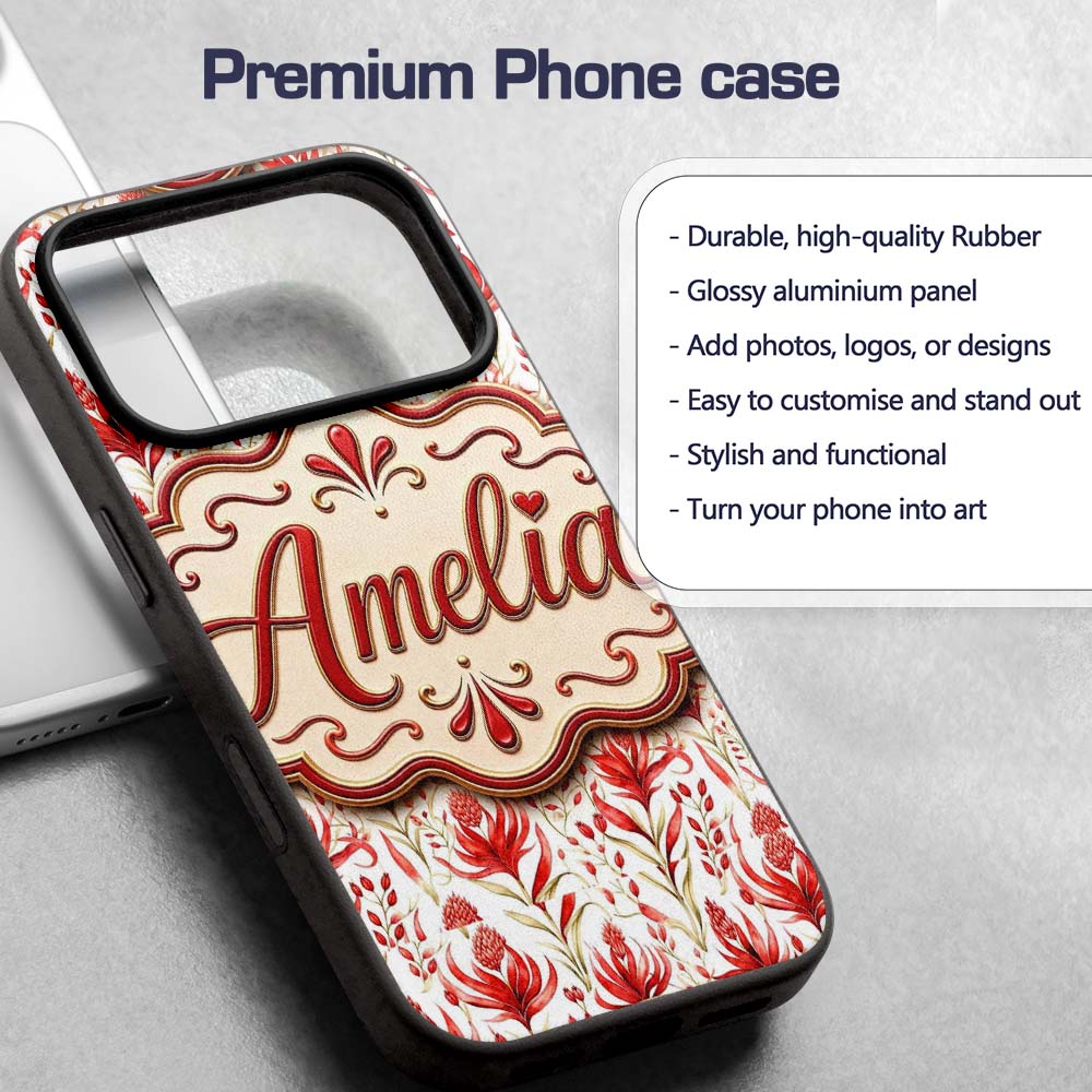 Elegant Red Black Floral Scroll Seamless Pattern Custom Name Protective Phone Case Mobile Cover Durable Everyday Smartphone Shock Resistant