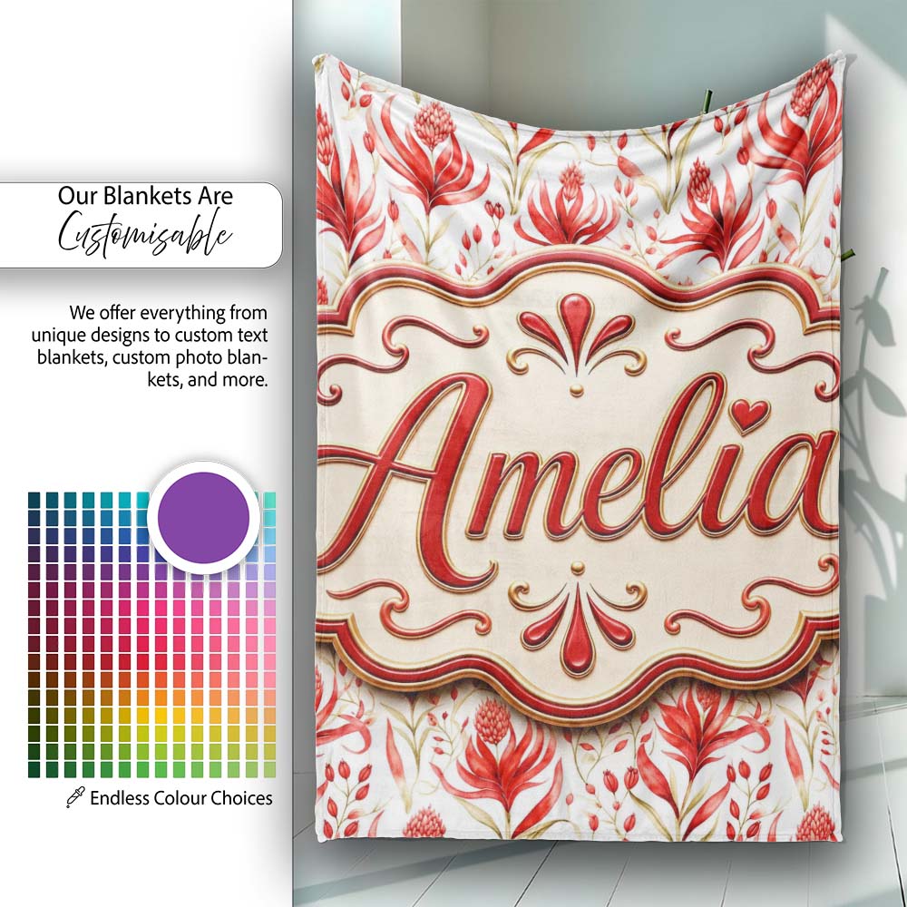Elegant Red Black Floral Scroll Seamless Pattern Cute Unique Gift Personalised Custom Name Super Soft Fleece Blanket Bed Sofa Throw