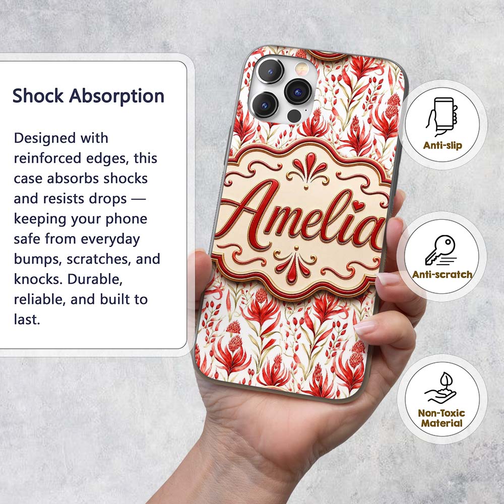 Elegant Red Black Floral Scroll Seamless Pattern Custom Name Protective Phone Case Mobile Cover Durable Everyday Smartphone Shock Resistant