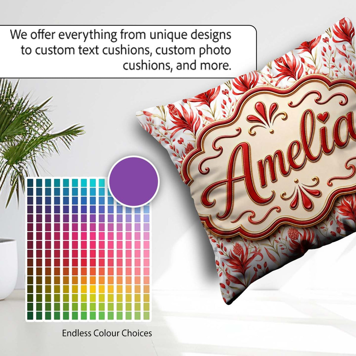 Custom Name Elegant Red Black Floral Scroll Seamless Pattern Square Filled Cushion Throw Pillow Sofa Bed Home Decor Zip Washable UK Made