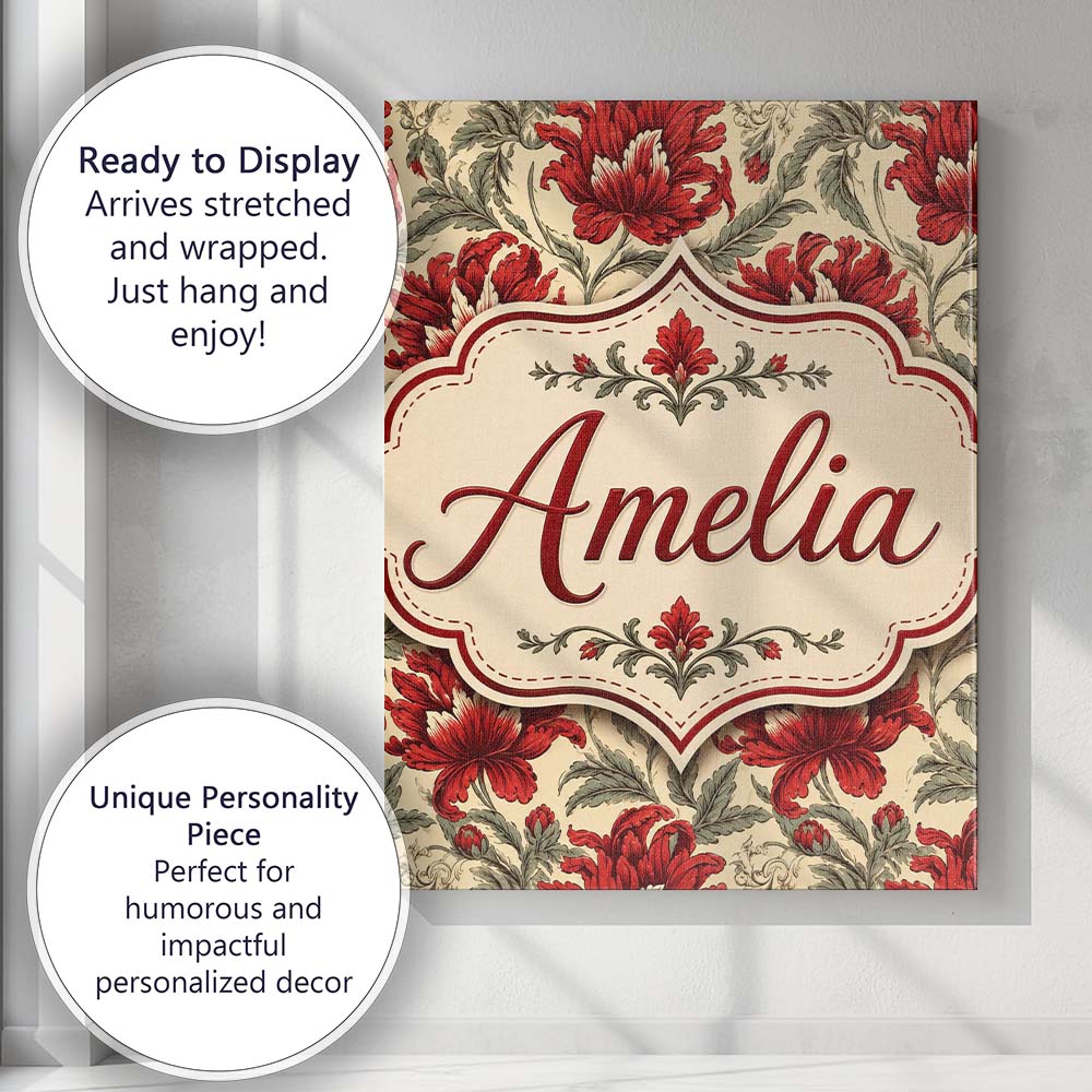 Personalised Name Watercolor Red Botanical Custom Unique Gift Idea Elegant Feature Canvas Wall Art Print Decor Picture Ready to Hang