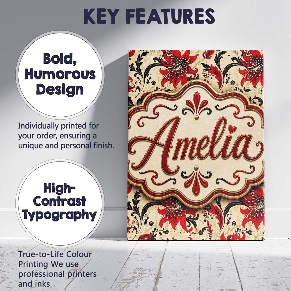 Personalised Name Detailed Red Peony Floral Custom Bespoke Interior Contemporary Canvas Wall Art Print Decor Picture Ready to Hang