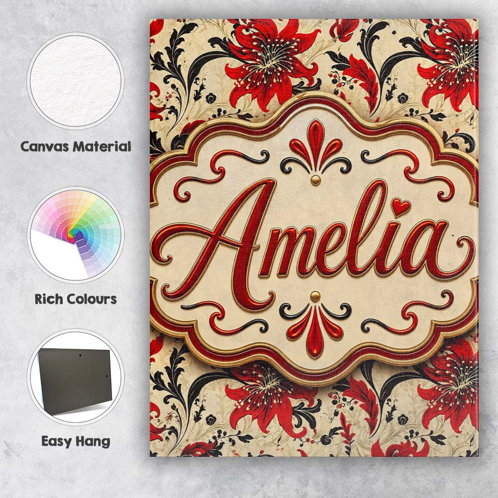 Personalised Name Detailed Red Peony Floral Custom Bespoke Interior Contemporary Canvas Wall Art Print Decor Picture Ready to Hang