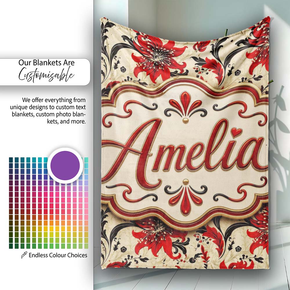 Detailed Red Peony Floral Vintage Seamless Pattern Cute Unique Gift Personalised Custom Name Super Soft Fleece Blanket Bed Sofa Throw