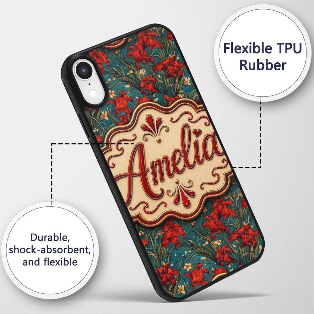 Red Lily Floral Garden Teal Background Seamless Custom Name Protective Phone Case Mobile Cover Durable Everyday Smartphone Shock Resistant