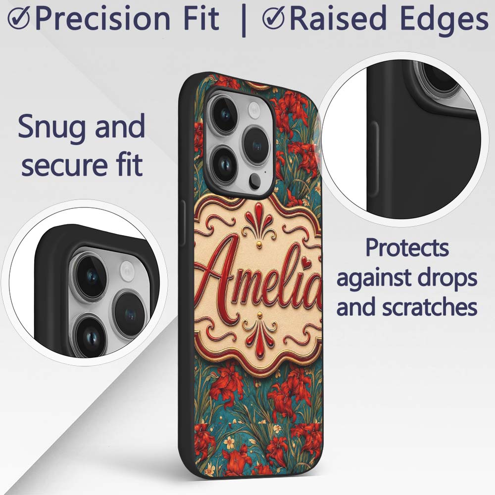 Red Lily Floral Garden Teal Background Seamless Custom Name Protective Phone Case Mobile Cover Durable Everyday Smartphone Shock Resistant