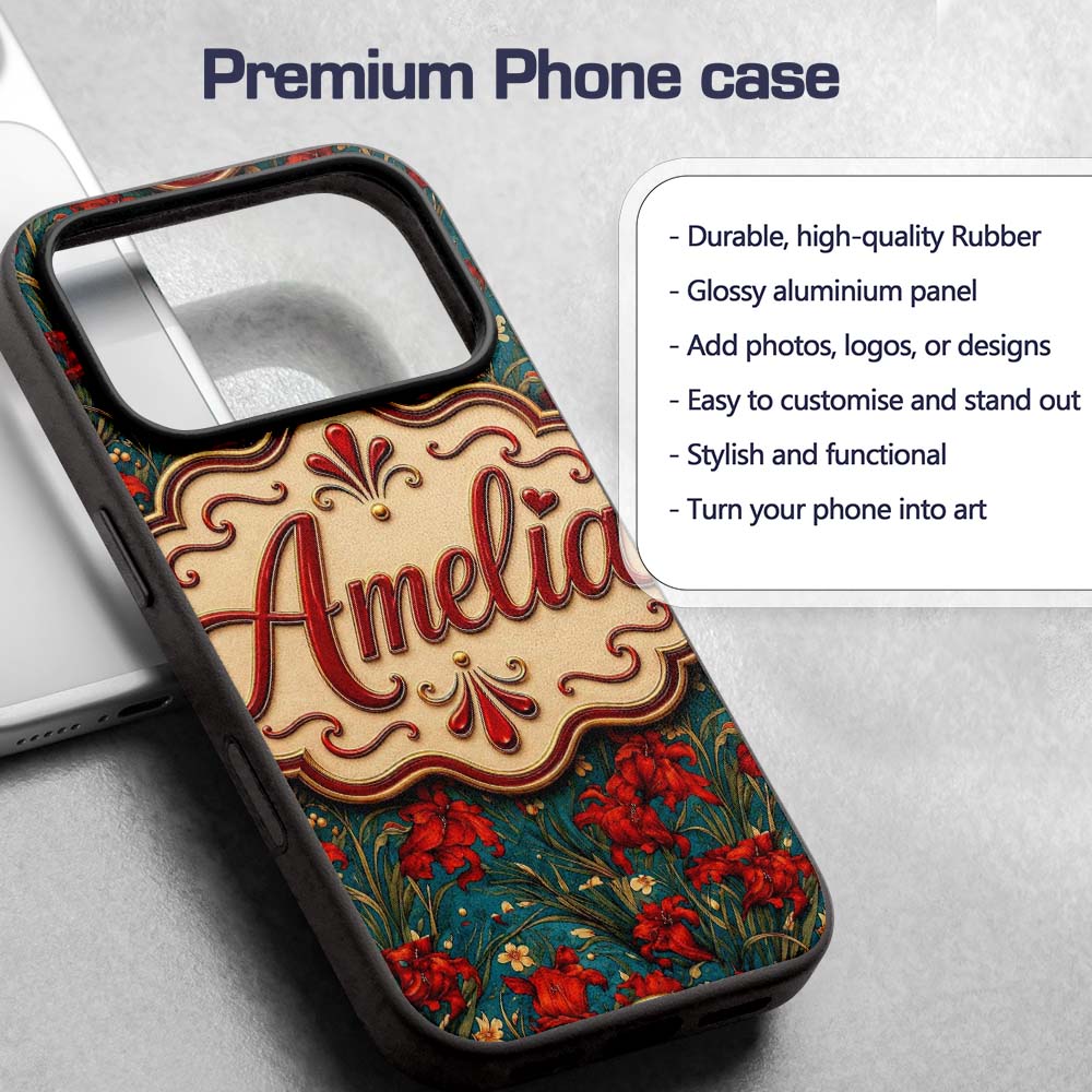 Red Lily Floral Garden Teal Background Seamless Custom Name Protective Phone Case Mobile Cover Durable Everyday Smartphone Shock Resistant