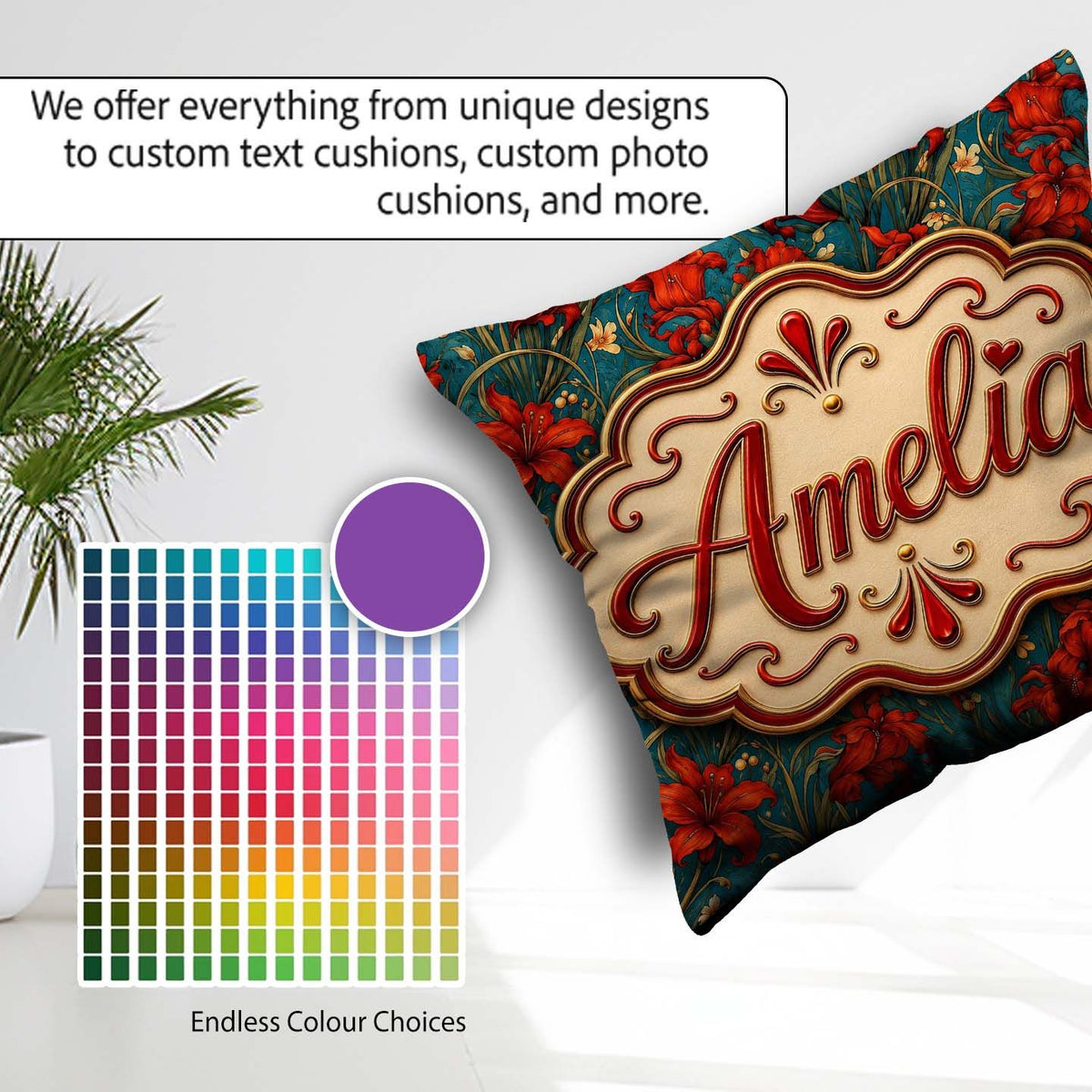 Custom Name Red Lily Floral Garden Teal Seamless Pattern Lovely Square Filled Cushion Throw Pillow Sofa Bed Home Decor Zip Washable UK Made