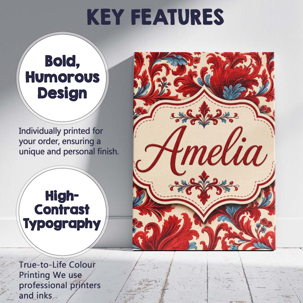 Personalised Name Classic Red Blue Damask Custom Unique Gift Idea Elegant Feature Canvas Wall Art Print Decor Picture Ready to Hang