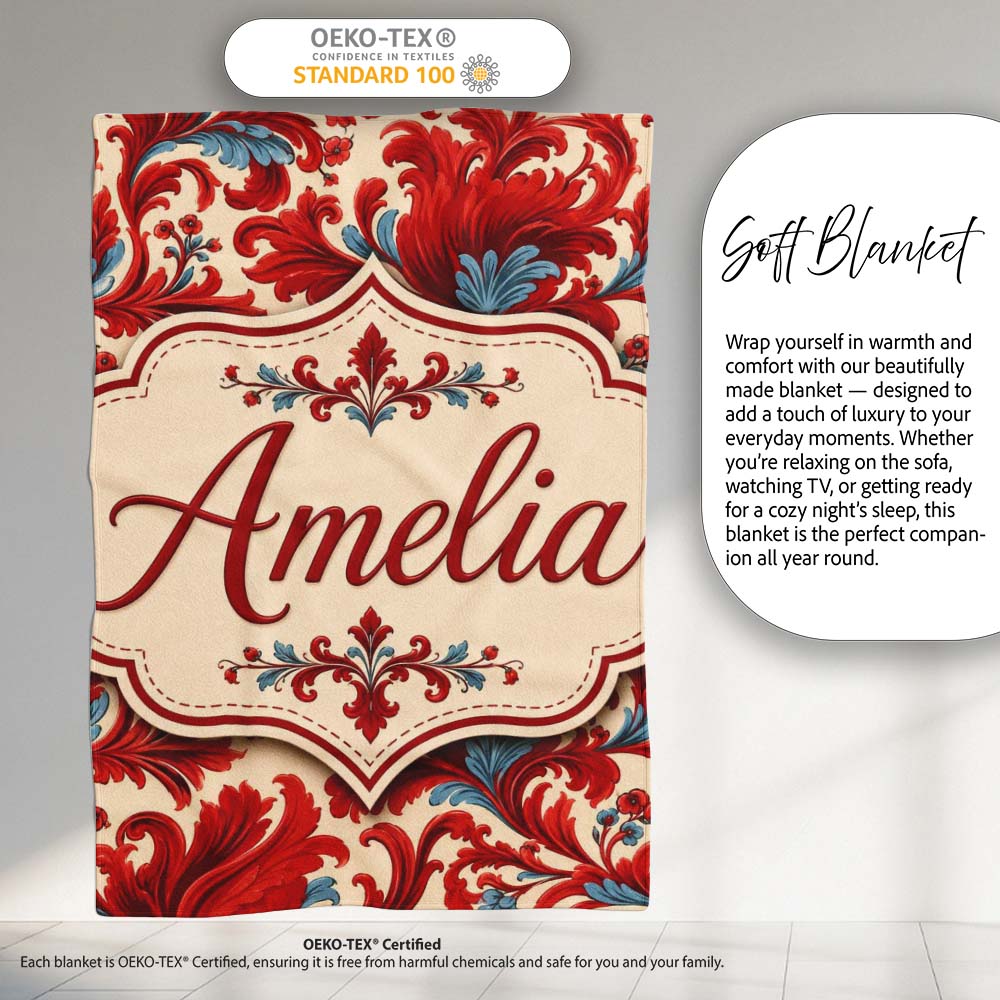 Classic Red Blue Damask Ornamental Scroll Seamless Pattern Lovely Personalised Custom Name Super Soft Fleece Blanket Bed Sofa Throw
