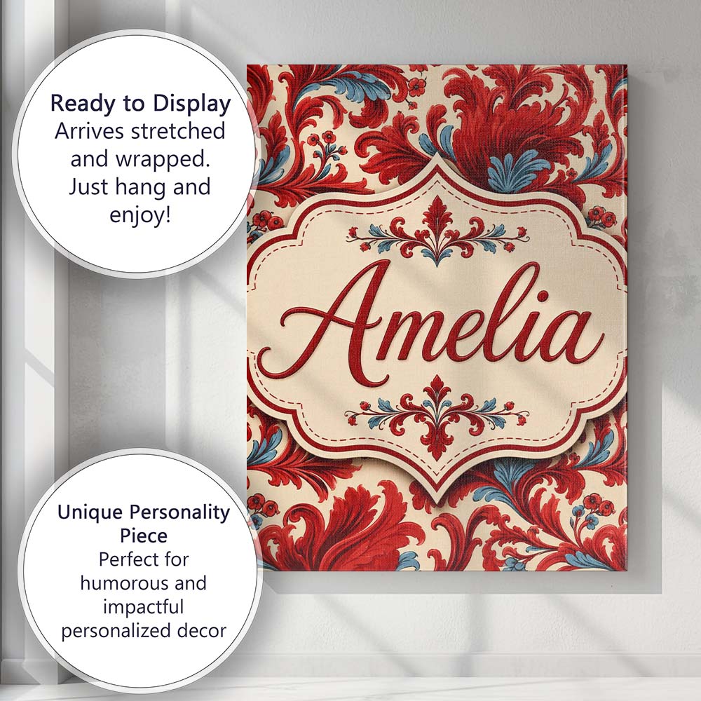 Personalised Name Classic Red Blue Damask Custom Unique Gift Idea Elegant Feature Canvas Wall Art Print Decor Picture Ready to Hang