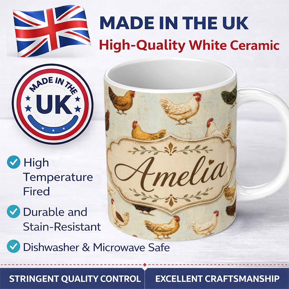 Personalized Custom Name Vintage Farm Hen Illustration Soft Neutral Background Lovely 11oz Ceramic Coffee Tea Mug White Large Handle