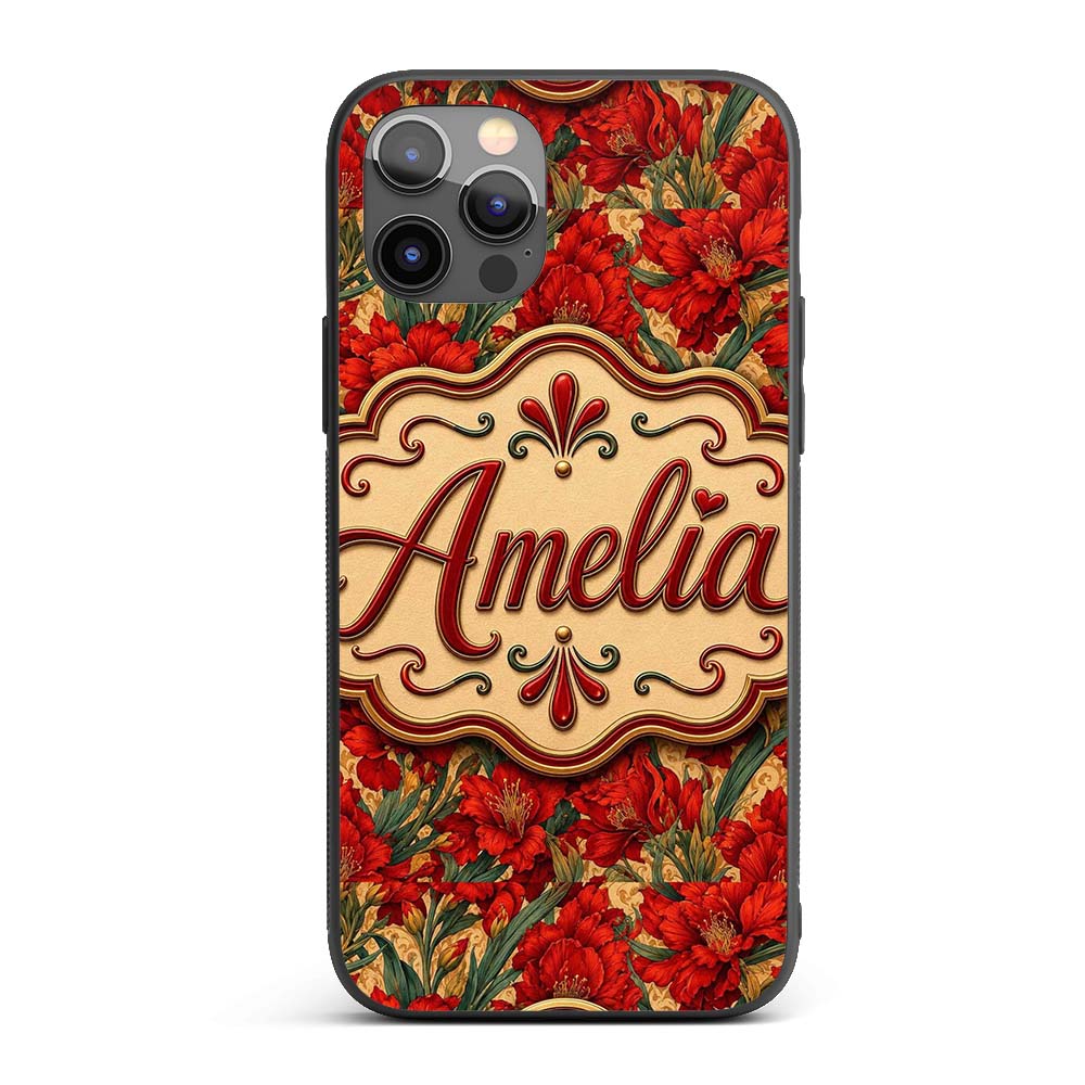 Vintage Red Lily Floral Beige Background Seamless Custom Name Protective Phone Case Mobile Cover Durable Everyday Smartphone Shock Resistant