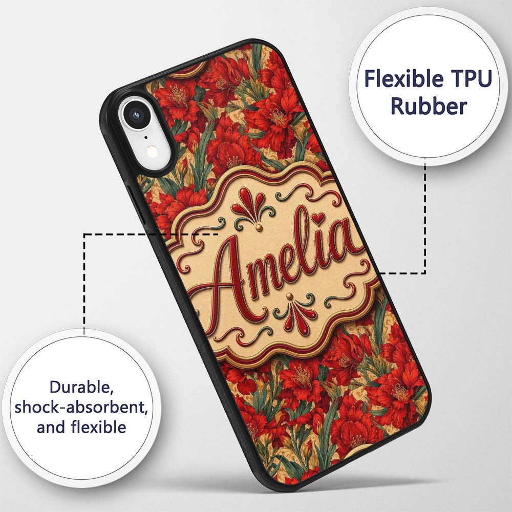 Vintage Red Lily Floral Beige Background Seamless Custom Name Protective Phone Case Mobile Cover Durable Everyday Smartphone Shock Resistant