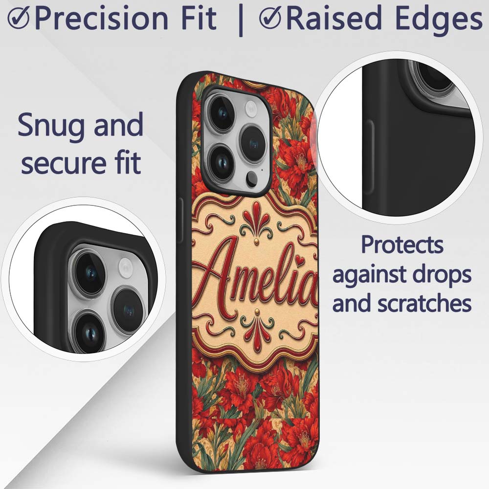 Vintage Red Lily Floral Beige Background Seamless Custom Name Protective Phone Case Mobile Cover Durable Everyday Smartphone Shock Resistant