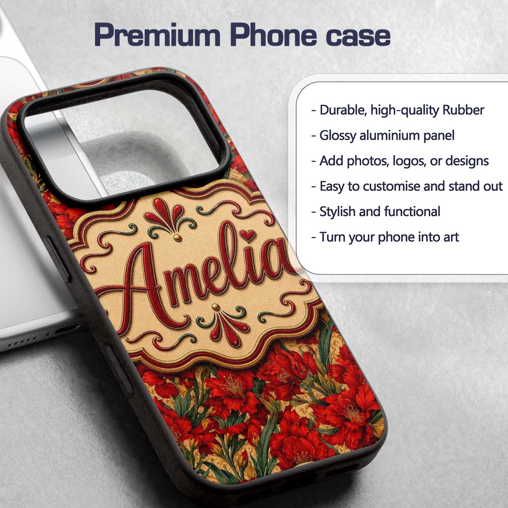 Vintage Red Lily Floral Beige Background Seamless Custom Name Protective Phone Case Mobile Cover Durable Everyday Smartphone Shock Resistant