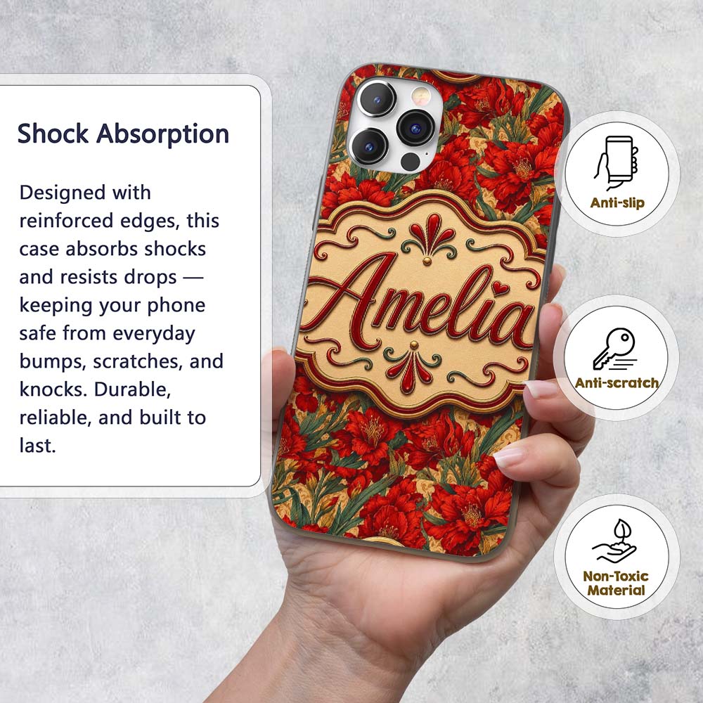 Vintage Red Lily Floral Beige Background Seamless Custom Name Protective Phone Case Mobile Cover Durable Everyday Smartphone Shock Resistant