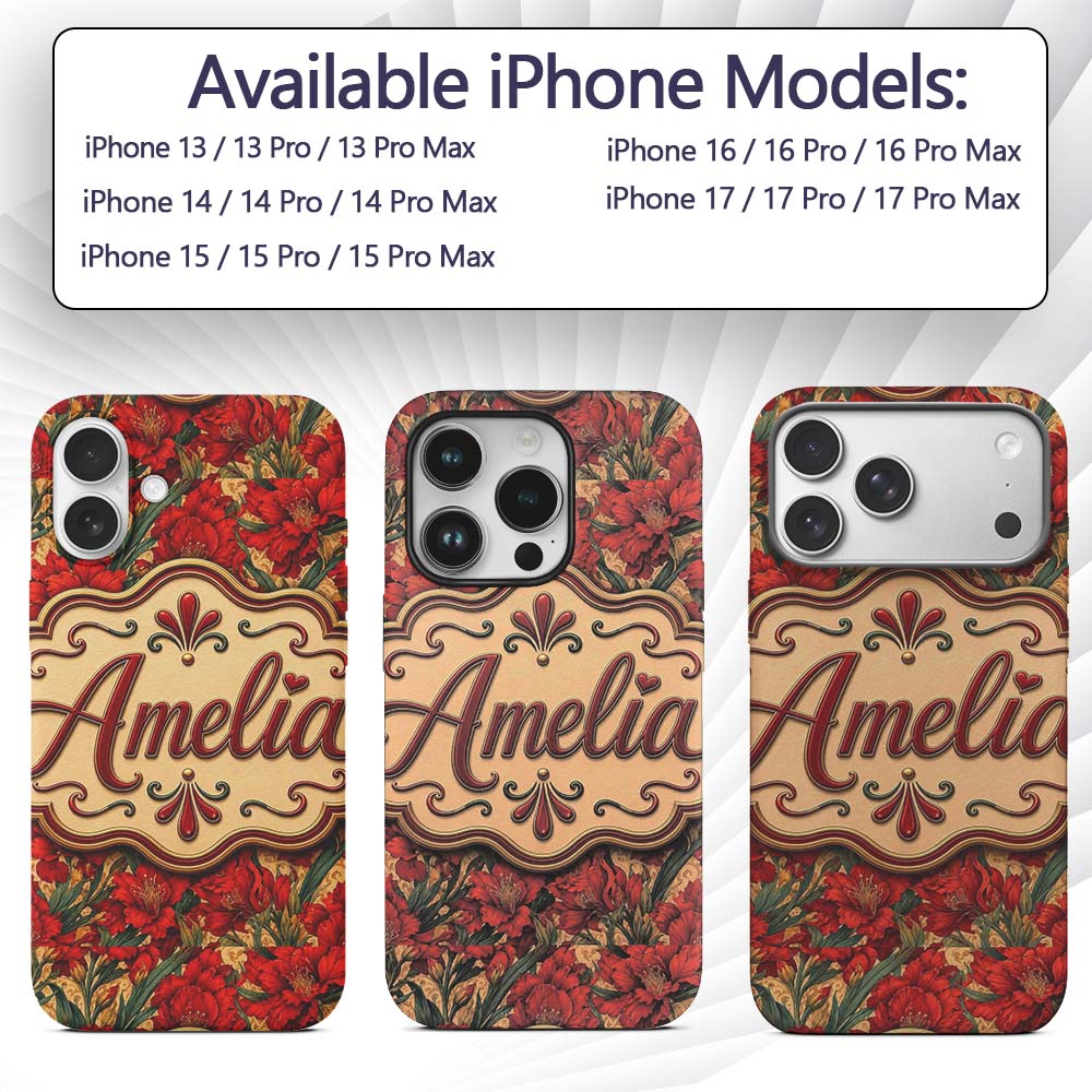 Vintage Red Lily Floral Beige Background Seamless Custom Name Protective Phone Case Mobile Cover Durable Everyday Smartphone Shock Resistant
