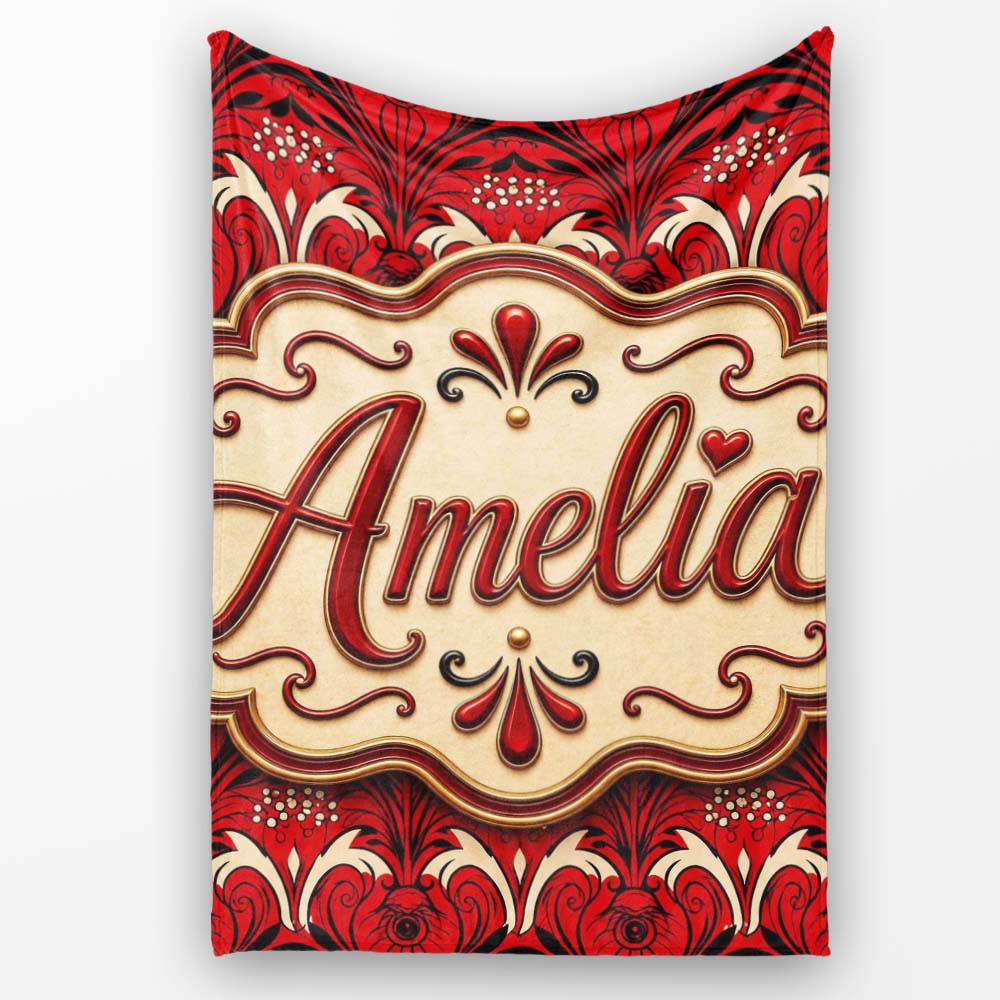 Bold Red Black Art Deco Damask Pattern Seamless Pattern Lovely Personalised Custom Name Super Soft Fleece Blanket Bed Sofa Throw