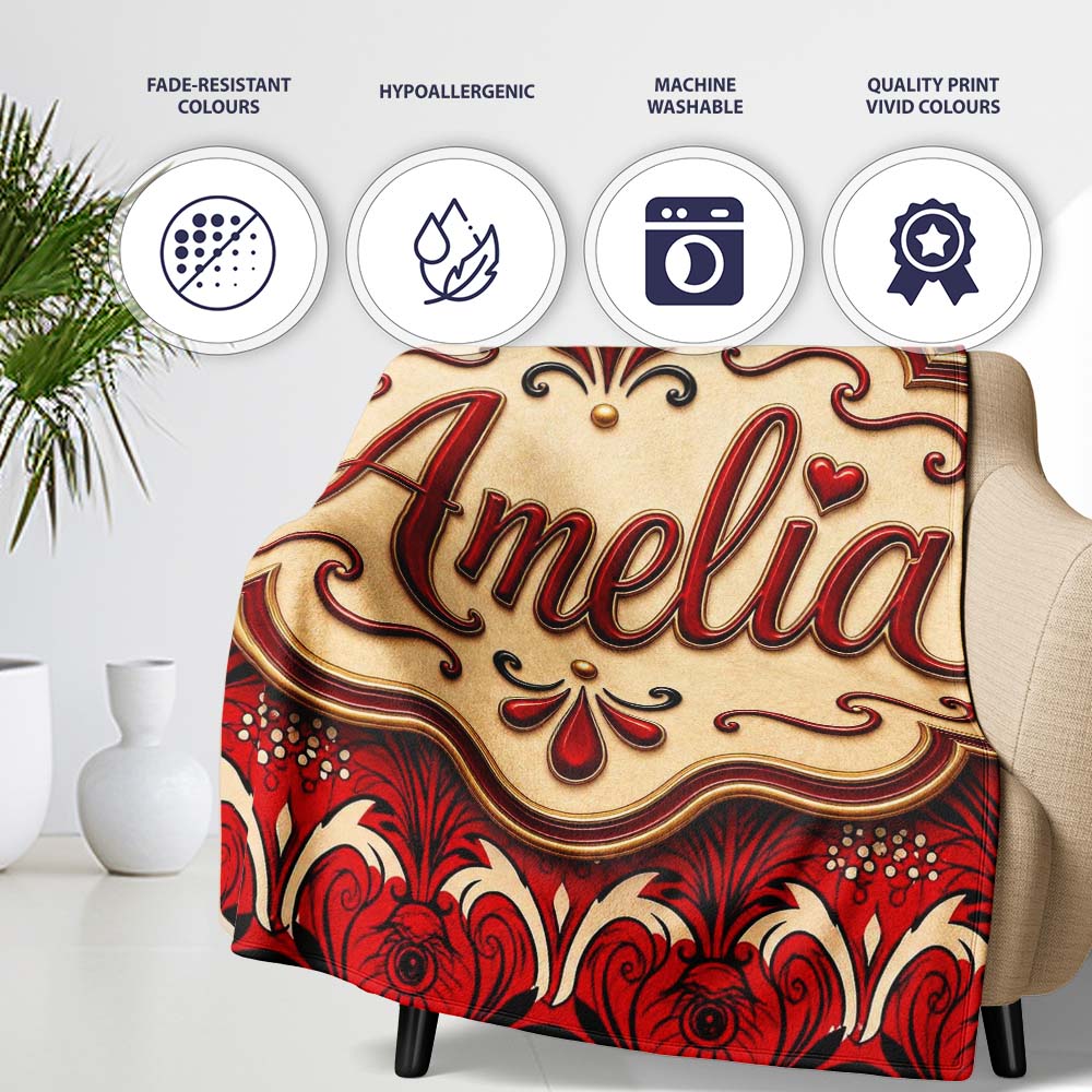 Bold Red Black Art Deco Damask Pattern Seamless Pattern Lovely Personalised Custom Name Super Soft Fleece Blanket Bed Sofa Throw