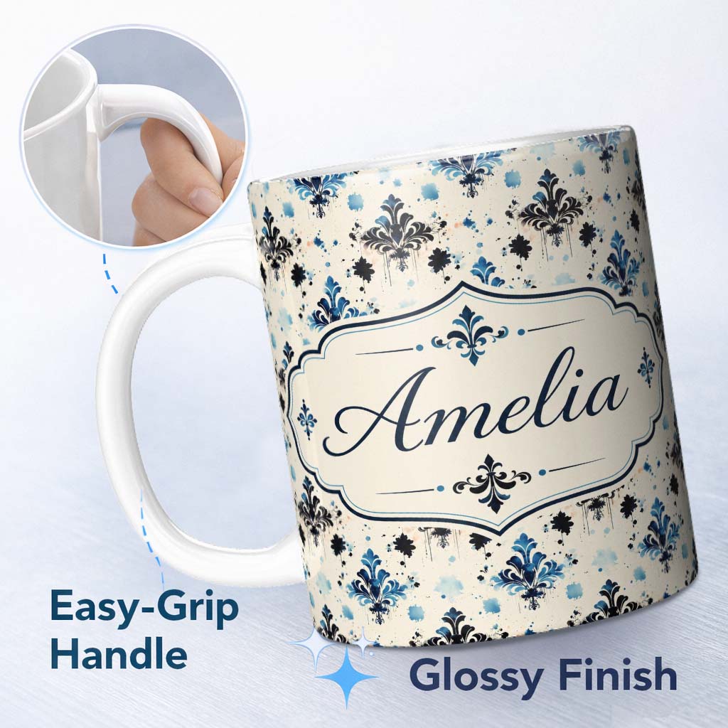 Personalized Custom Name Blue Floral Damask Ink Splash Vintage Seamless Pattern Lovely 11oz Ceramic Coffee Tea Mug White Large Handle