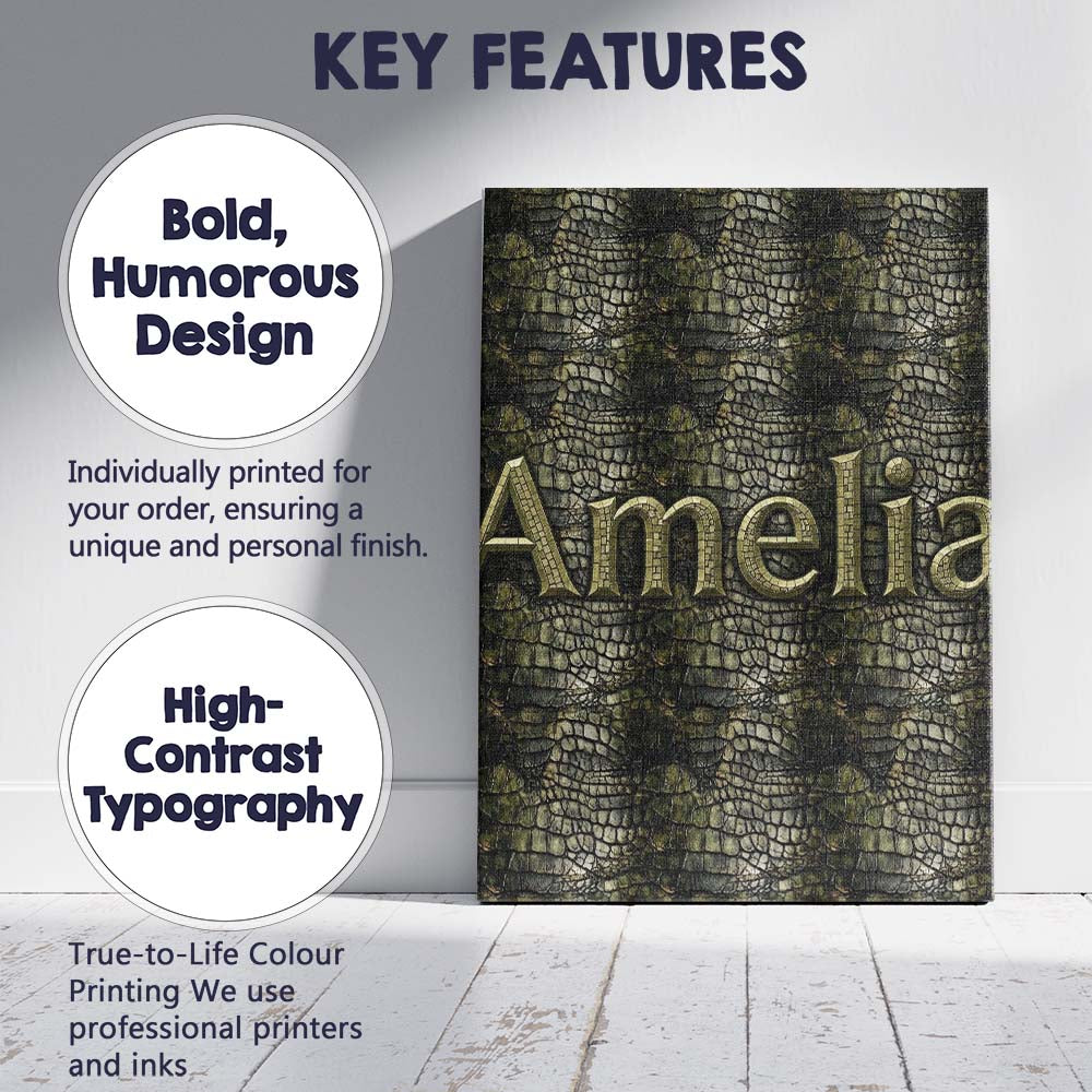 Personalised Name Dark Olive Crocodile Texture Pattern Natural Custom Modern Room Accent Canvas Wall Art Print Decor Picture Ready to Hang