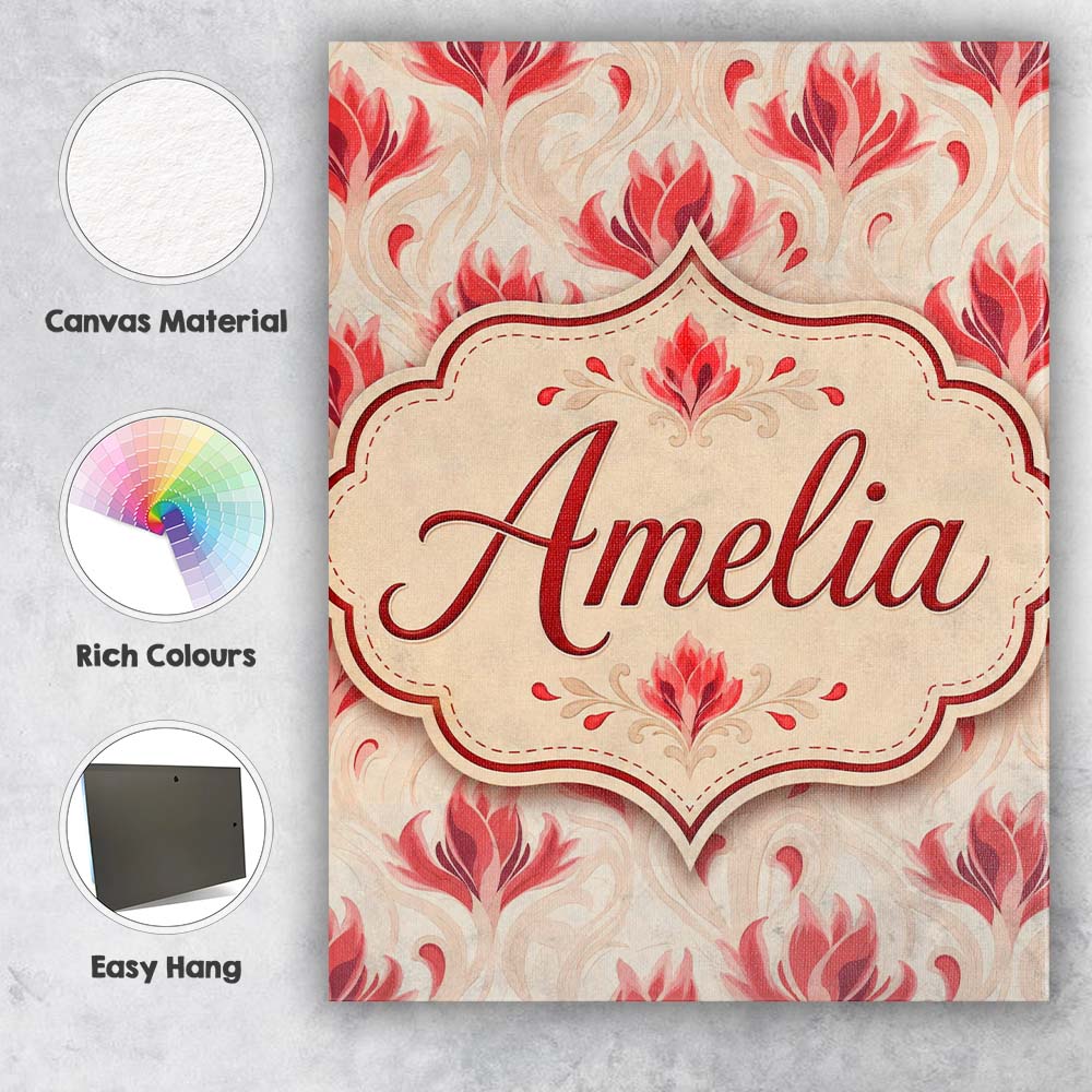 Personalised Name Soft Red Floral Vine Custom Modern Room Accent Elegant Feature Canvas Wall Art Print Decor Picture Ready to Hang