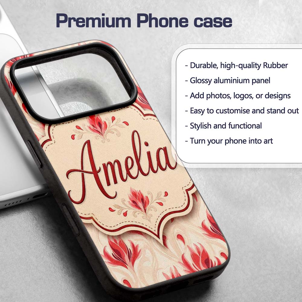 Soft Red Floral Vine Cream Background Seamless Custom Name Protective Phone Case Mobile Cover Durable Everyday Smartphone Shock Resistant