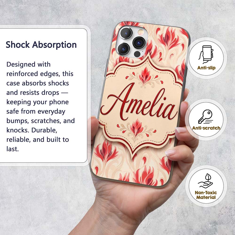 Soft Red Floral Vine Cream Background Seamless Custom Name Protective Phone Case Mobile Cover Durable Everyday Smartphone Shock Resistant
