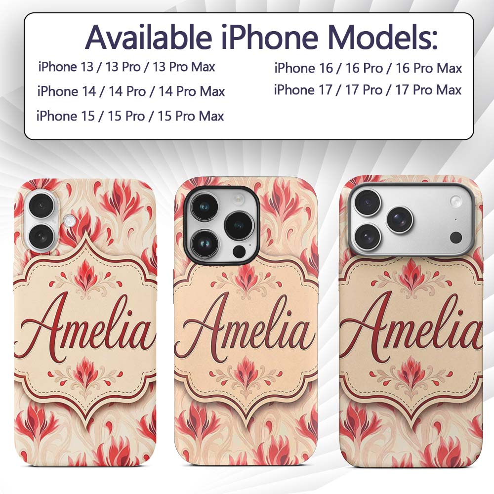 Soft Red Floral Vine Cream Background Seamless Custom Name Protective Phone Case Mobile Cover Durable Everyday Smartphone Shock Resistant