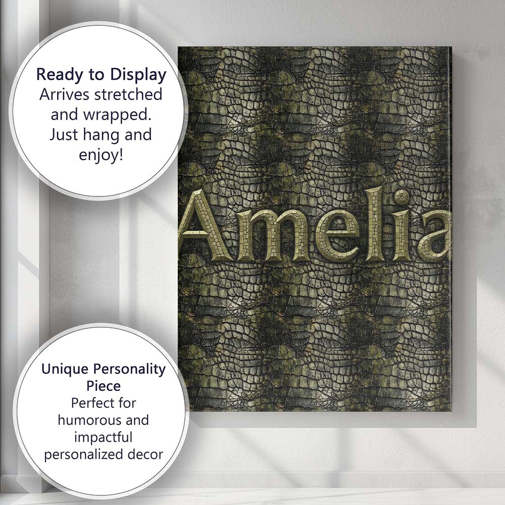 Personalised Name Dark Olive Crocodile Texture Pattern Natural Custom Modern Room Accent Canvas Wall Art Print Decor Picture Ready to Hang