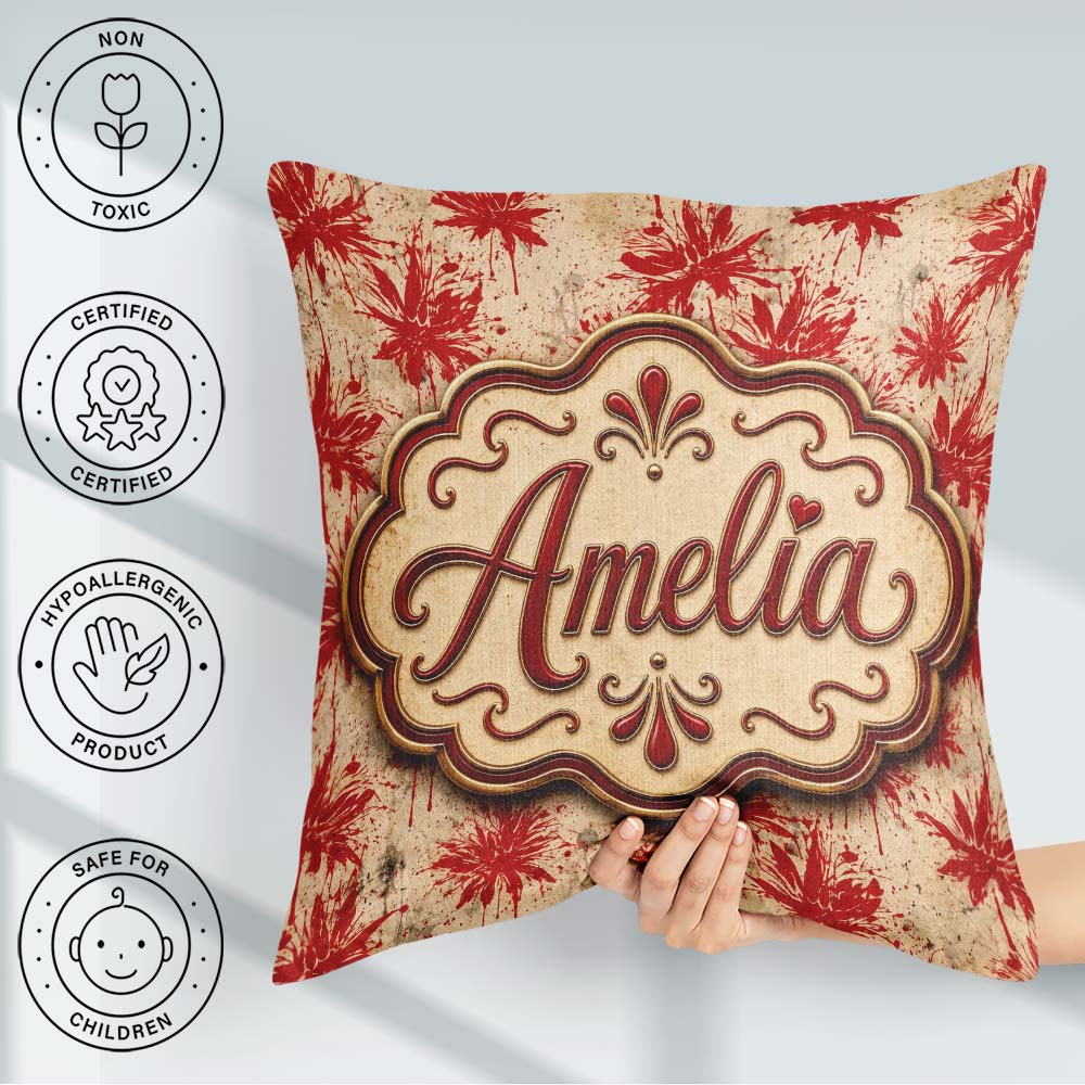 Custom Name Grunge Red Floral Splash Abstract Seamless Pattern Square Filled Cushion Throw Pillow Sofa Bed Home Decor Zip Washable UK Made