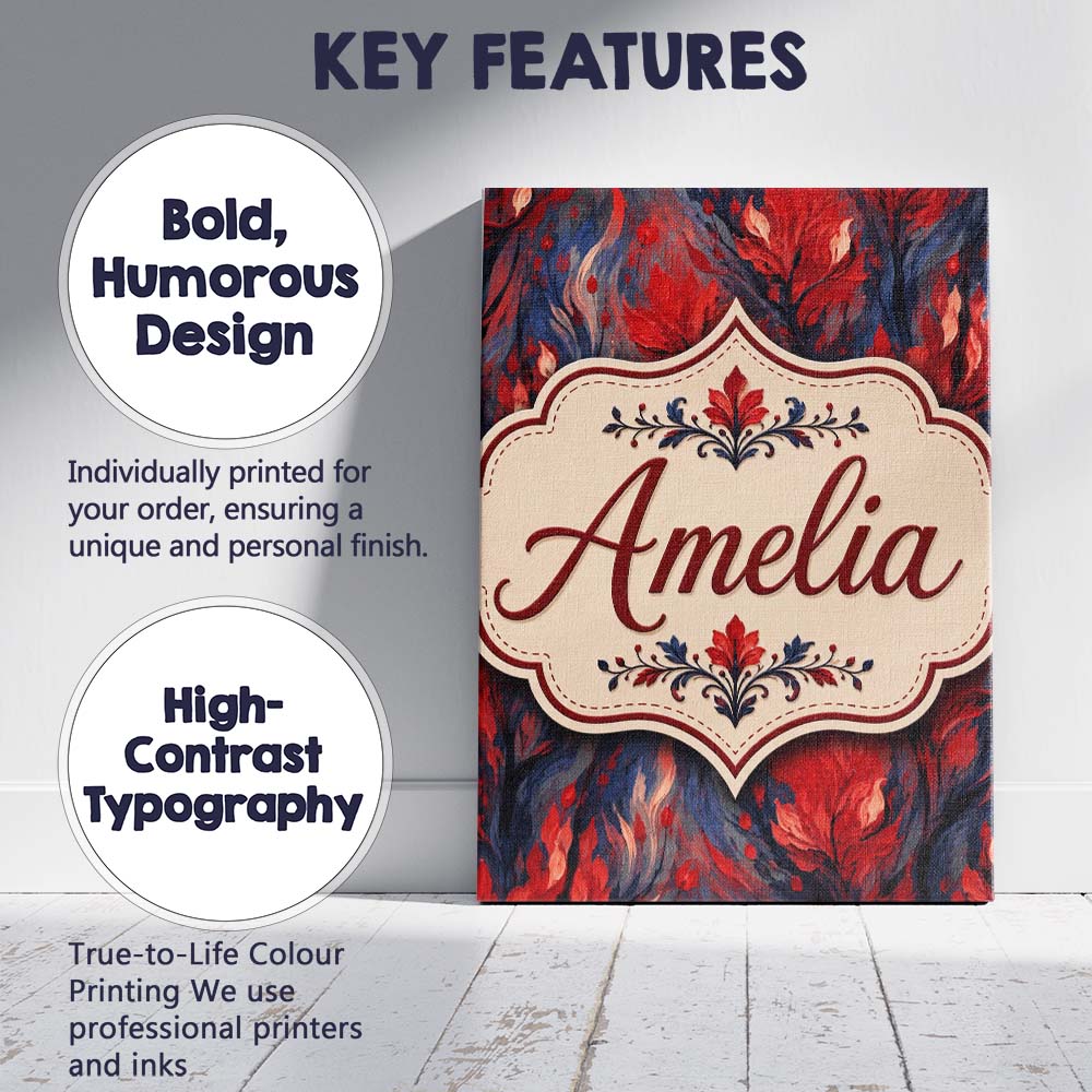 Personalised Name Dark Red Floral Abstract Custom Unique Gift Idea Elegant Feature Canvas Wall Art Print Decor Picture Ready to Hang