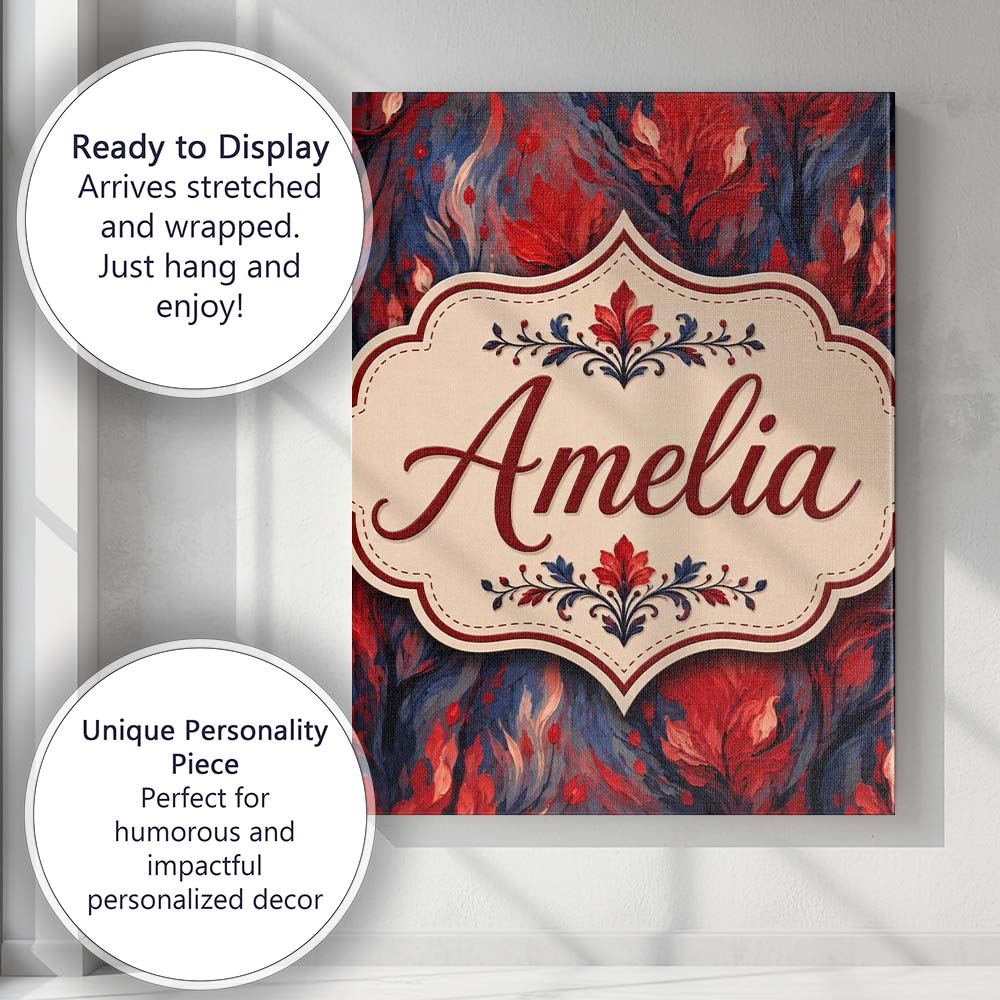 Personalised Name Dark Red Floral Abstract Custom Unique Gift Idea Elegant Feature Canvas Wall Art Print Decor Picture Ready to Hang
