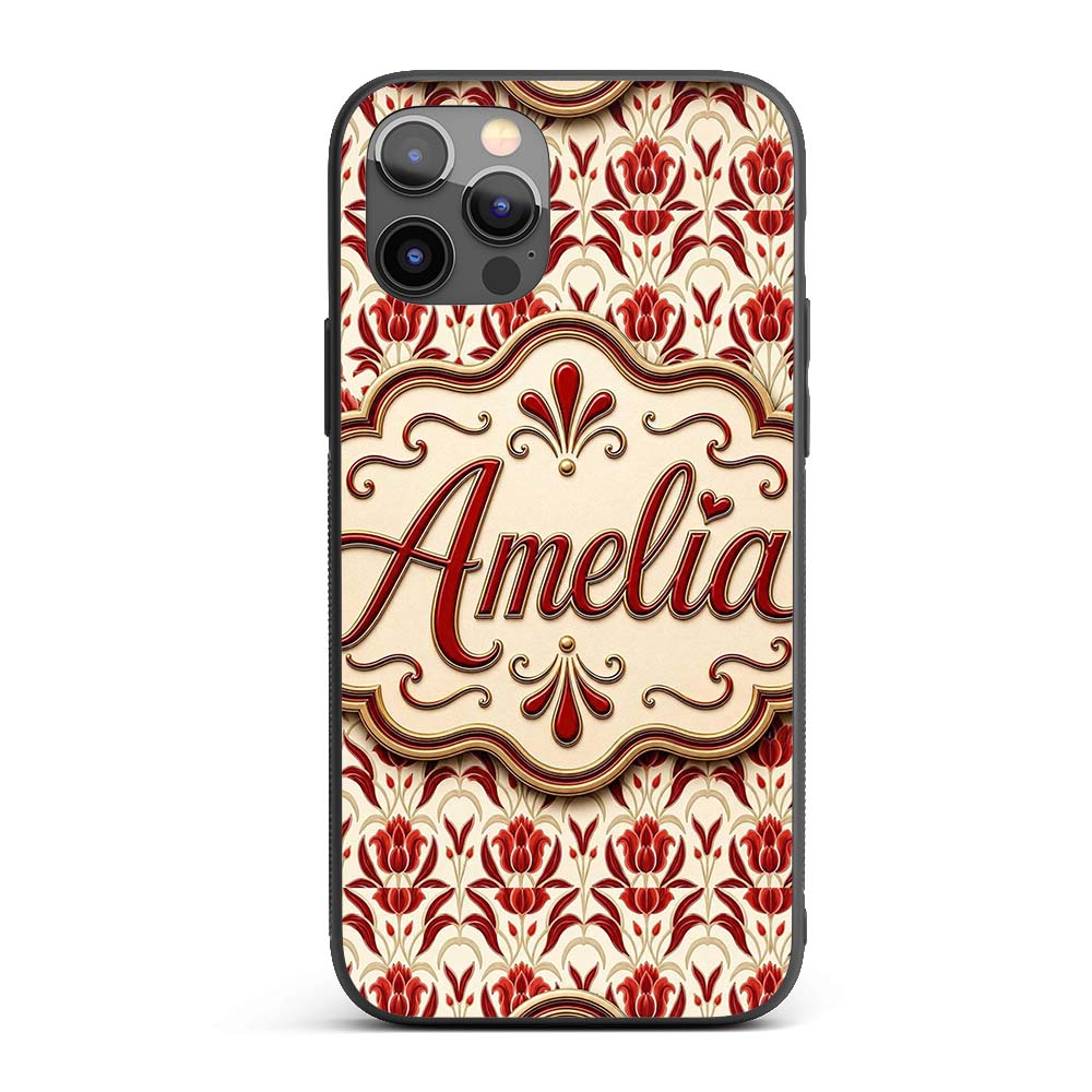 Vintage Red Tulip Floral Symmetrical Pattern Custom Name Protective Phone Case Mobile Cover Durable Everyday Smartphone Shock Resistant