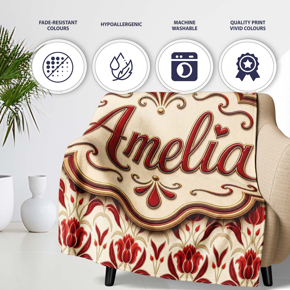 Vintage Red Tulip Floral Symmetrical Pattern Seamless Pattern Lovely Personalised Custom Name Super Soft Fleece Blanket Bed Sofa Throw