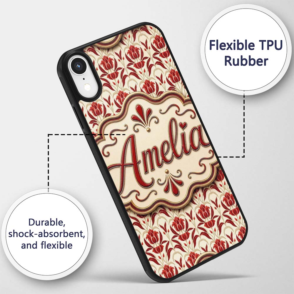 Vintage Red Tulip Floral Symmetrical Pattern Custom Name Protective Phone Case Mobile Cover Durable Everyday Smartphone Shock Resistant