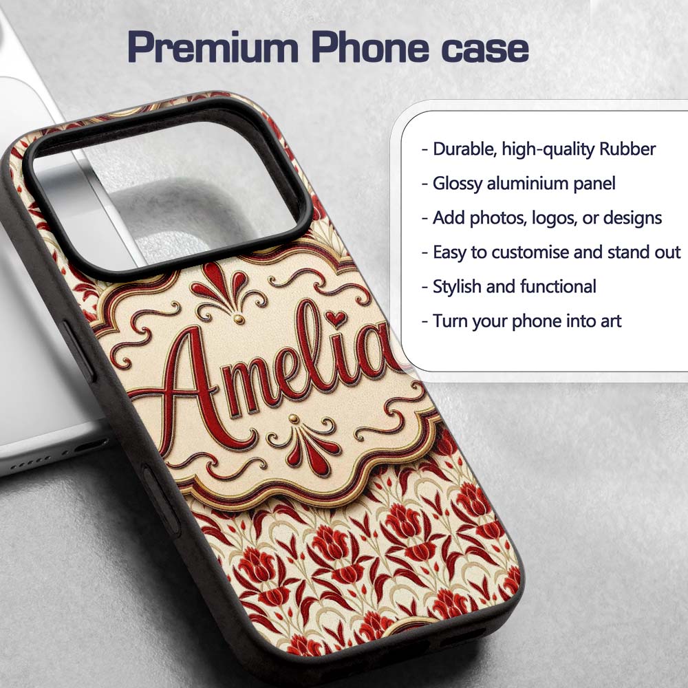 Vintage Red Tulip Floral Symmetrical Pattern Custom Name Protective Phone Case Mobile Cover Durable Everyday Smartphone Shock Resistant