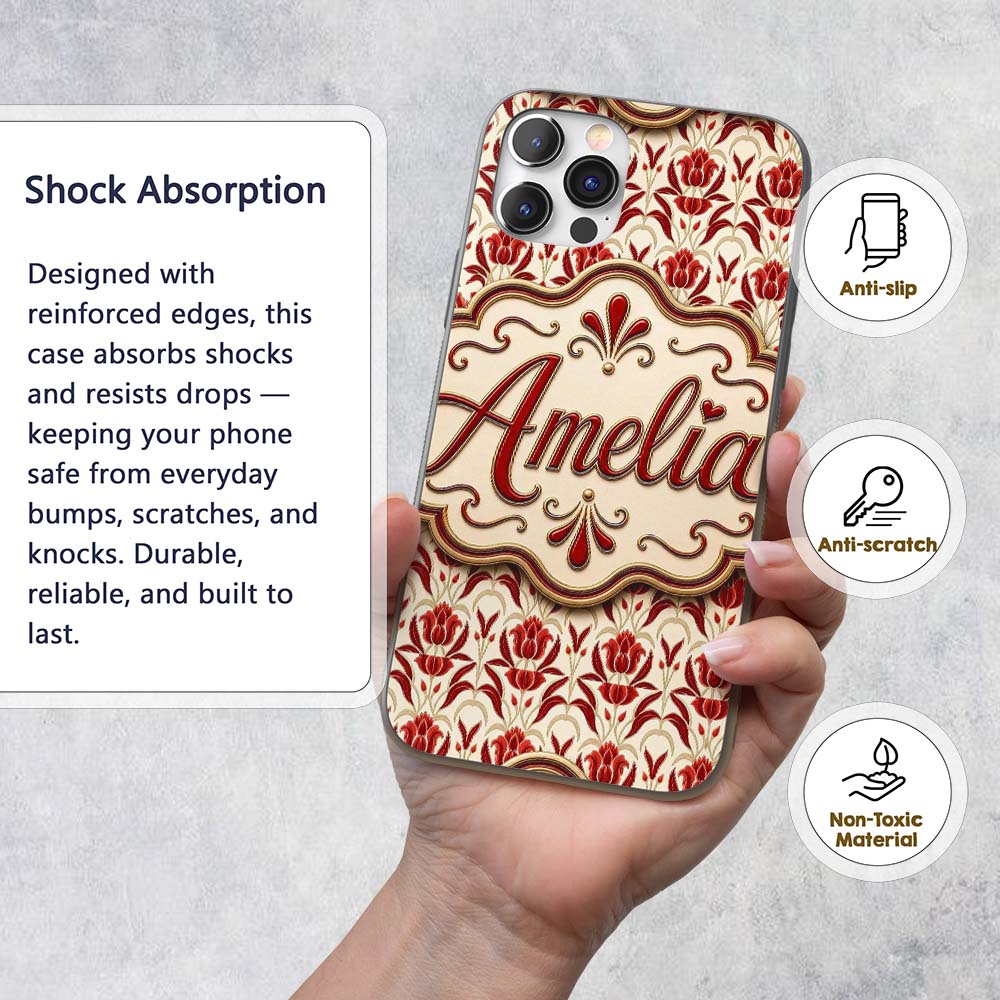 Vintage Red Tulip Floral Symmetrical Pattern Custom Name Protective Phone Case Mobile Cover Durable Everyday Smartphone Shock Resistant