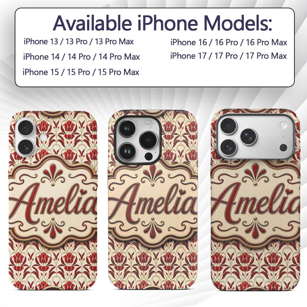 Vintage Red Tulip Floral Symmetrical Pattern Custom Name Protective Phone Case Mobile Cover Durable Everyday Smartphone Shock Resistant