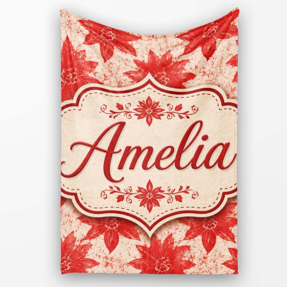 Distressed Red Floral Block Print Texture Seamless Pattern Lovely Personalised Custom Name Super Soft Fleece Blanket Bed Sofa Throw