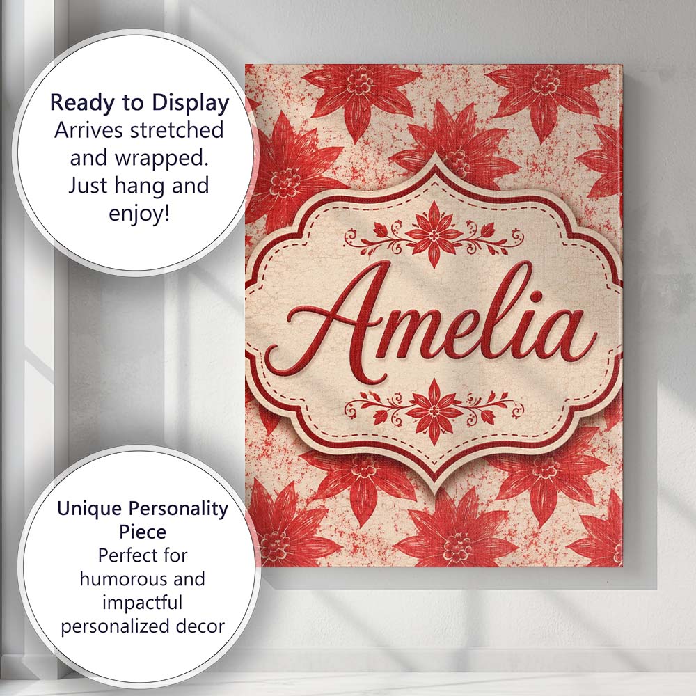 Personalised Name Distressed Red Floral Custom Modern Room Accent Elegant Feature Canvas Wall Art Print Decor Picture Ready to Hang
