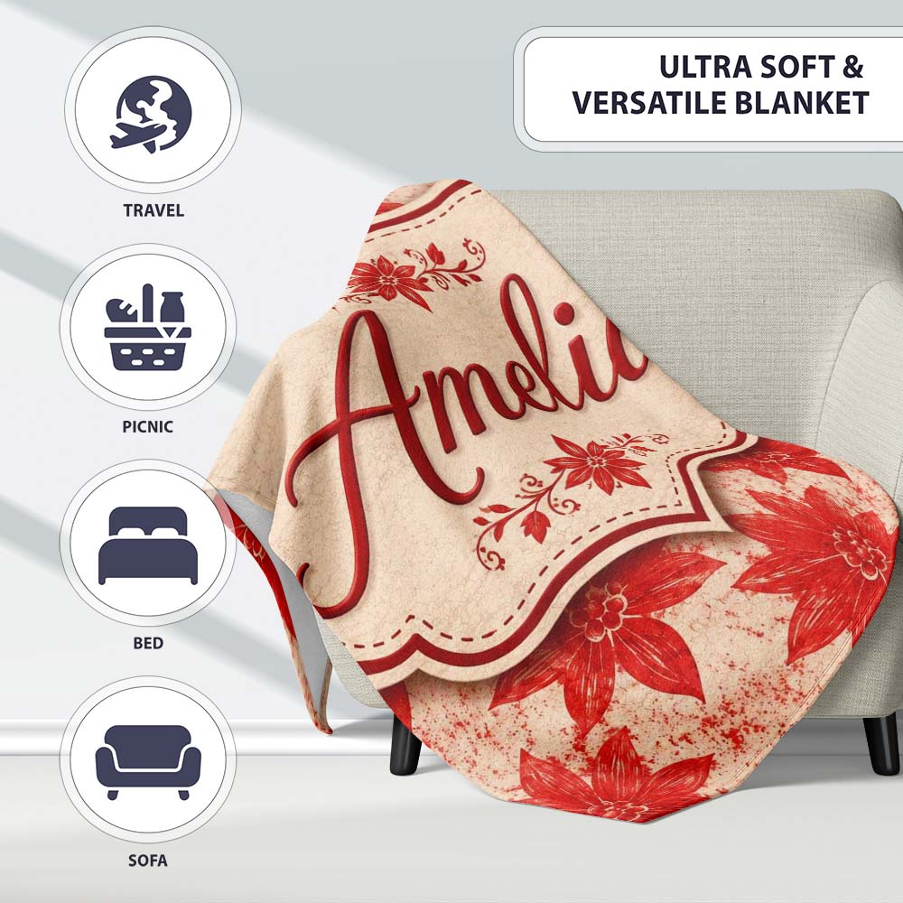 Distressed Red Floral Block Print Texture Seamless Pattern Lovely Personalised Custom Name Super Soft Fleece Blanket Bed Sofa Throw