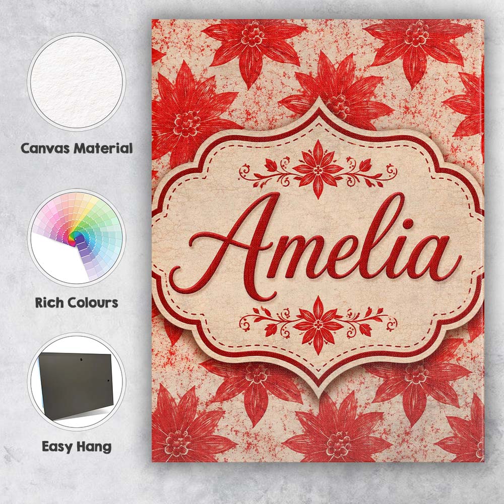 Personalised Name Distressed Red Floral Custom Modern Room Accent Elegant Feature Canvas Wall Art Print Decor Picture Ready to Hang
